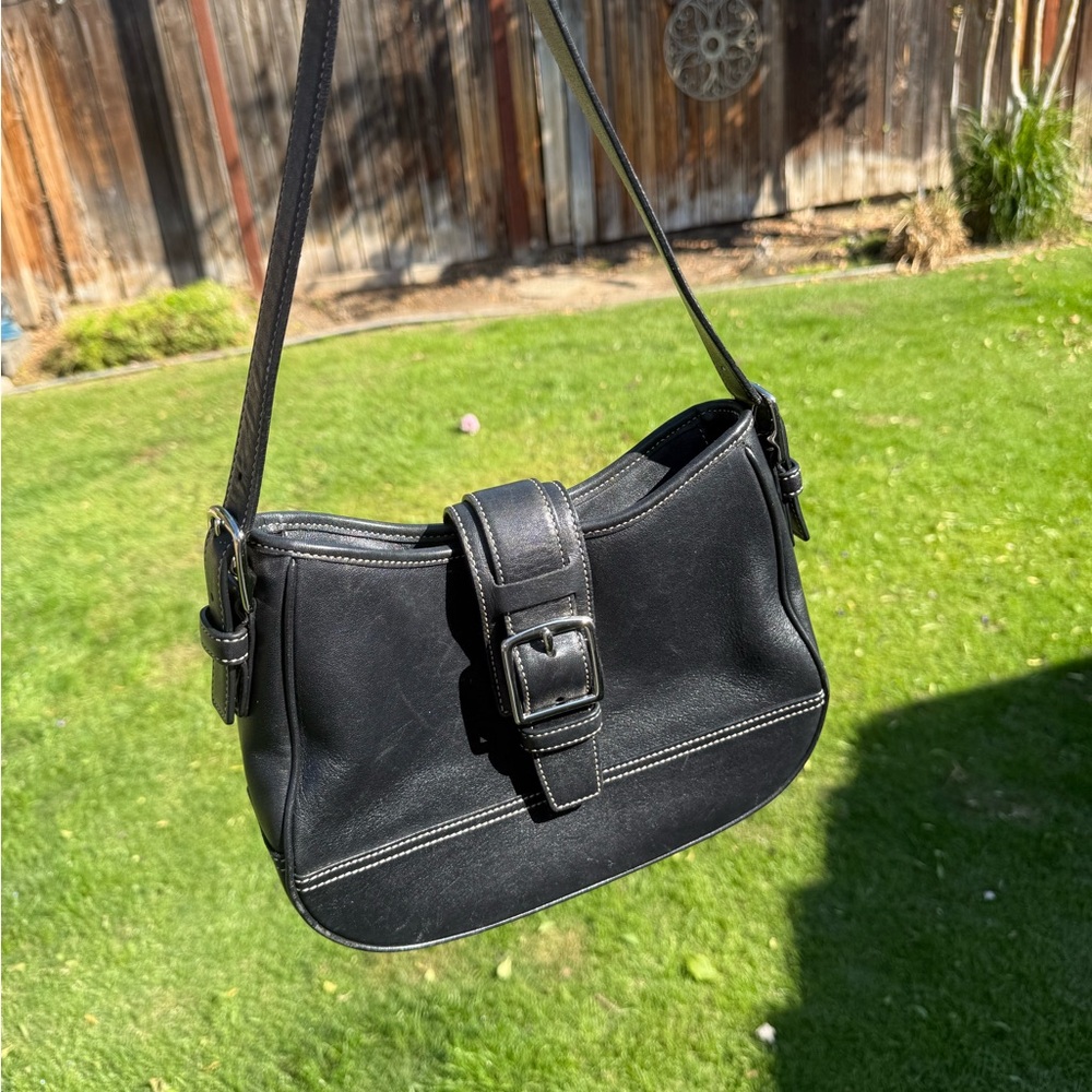 Black Coach Leather Shoulder Bag with Buckle